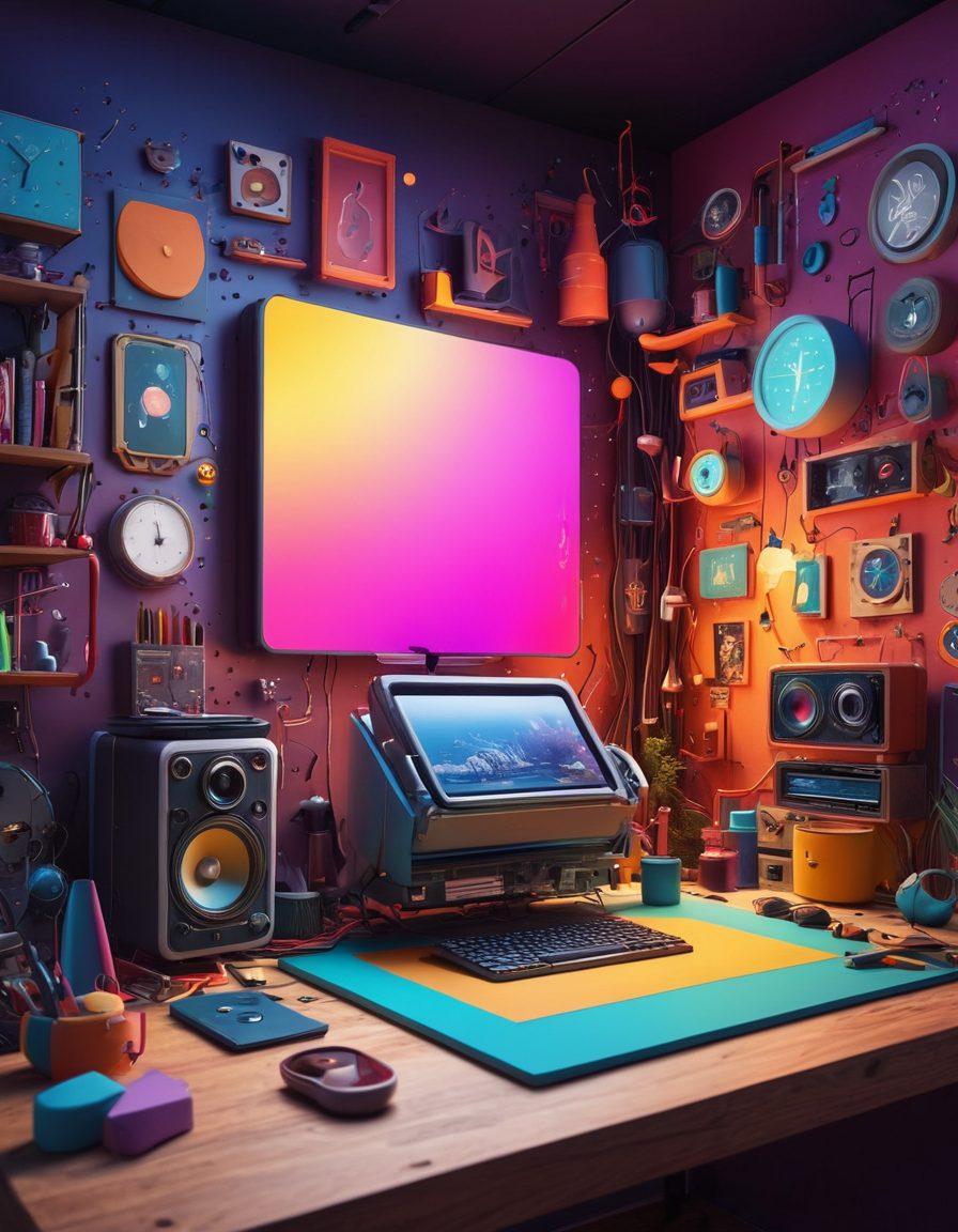 A whimsical workshop filled with quirky gadgets and colorful inventions, showcasing a diverse group of creative individuals actively collaborating on eccentric digital projects. The atmosphere is vibrant and energetic, with floating screens displaying unique designs and animated ideas. Brightly colored tools and prototypes scattered around reflect innovation and creativity. The background features a surreal blend of digital and physical elements, inspiring the viewer’s imagination. vector art. vibrant colors. 3D.
