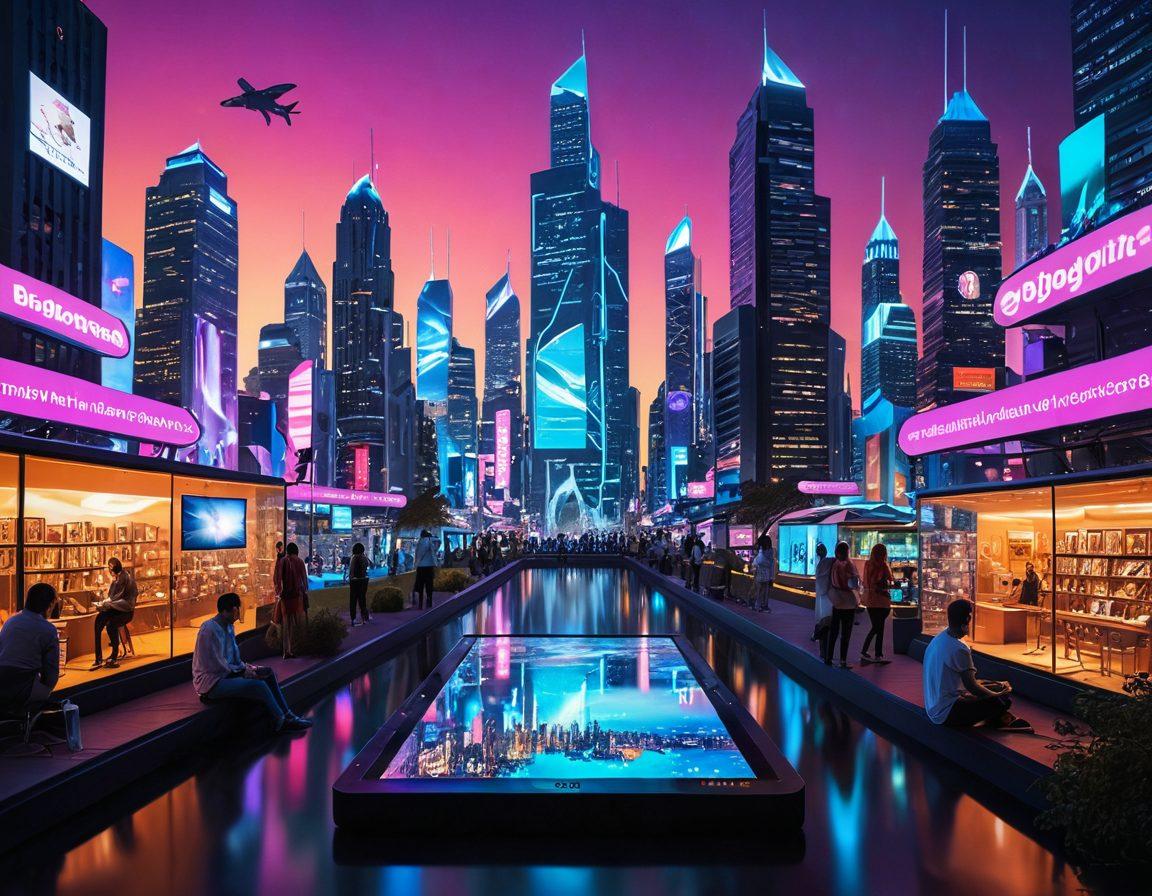 A vibrant landscape depicting a futuristic city filled with diverse and colorful characters blogging on unique platforms, showcasing creativity and innovation. Include elements such as holographic displays, unconventional writing tools, and digital art installations. Emphasize a bright, optimistic atmosphere suggesting the evolution of blogging. surreal style. vibrant colors. futuristic setting.