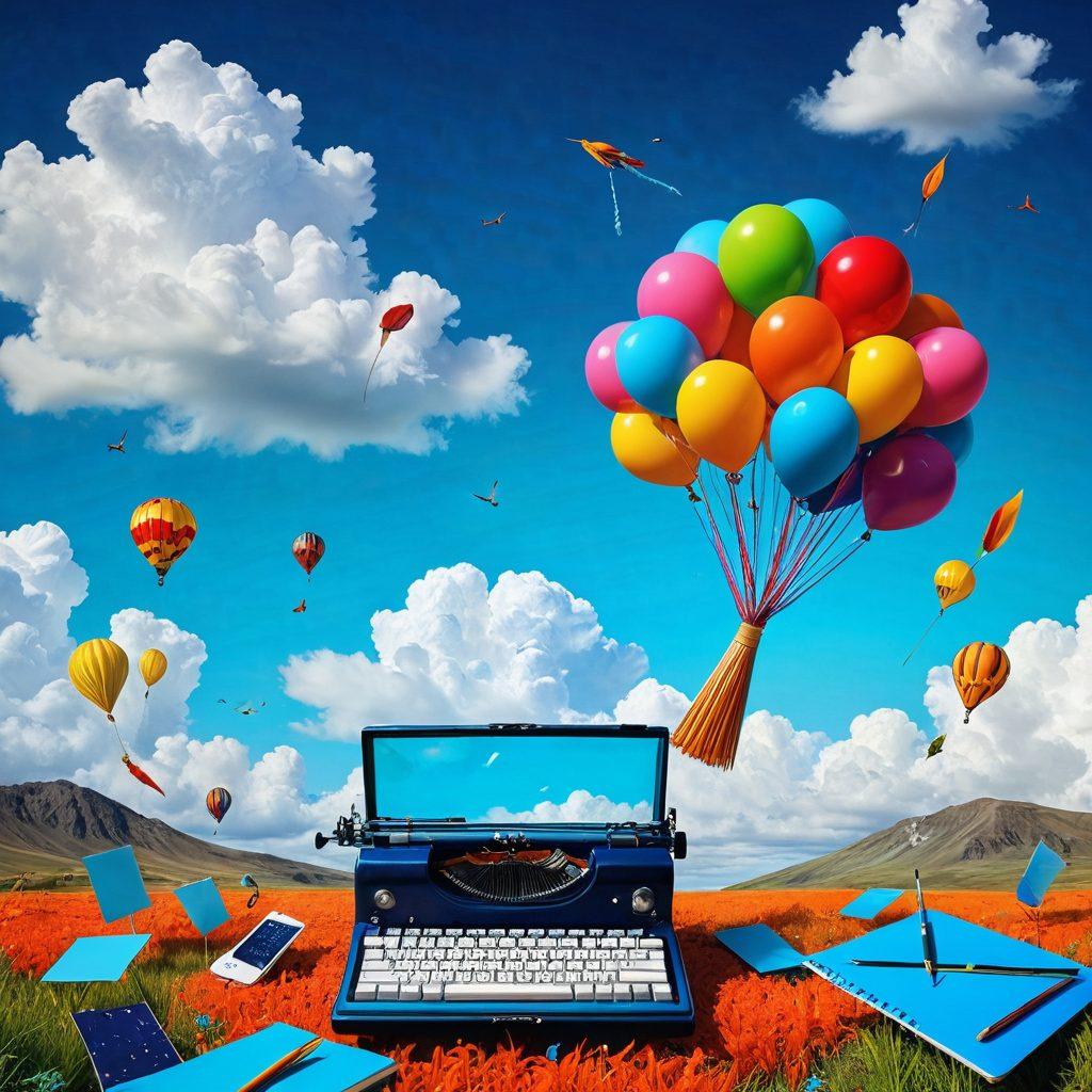 A whimsical landscape featuring an eclectic mix of vibrant, oversized creative tools like paintbrushes, keyboards, and sketchpads, set against a tapestry of surreal blog designs floating in the sky. Playful animals like owls and foxes wearing glasses, exploring the landscape, and a splash of colorful text elements creating a sense of dynamic web publishing. Emphasize eccentricity and creativity with bright, contrasting colors. digital art. vibrant colors. whimsical style.